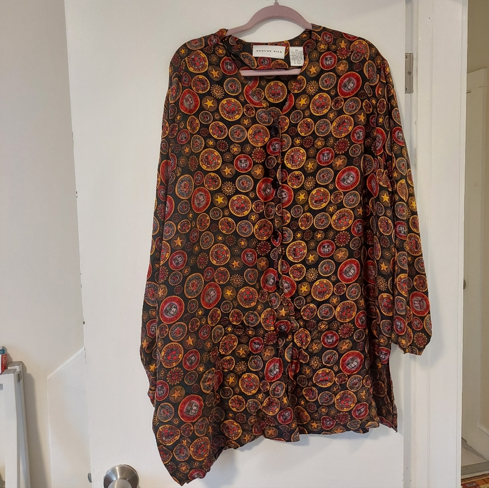 100% Silk Collegiate Print Button Down Blouse Size 3x August Silk Cornell